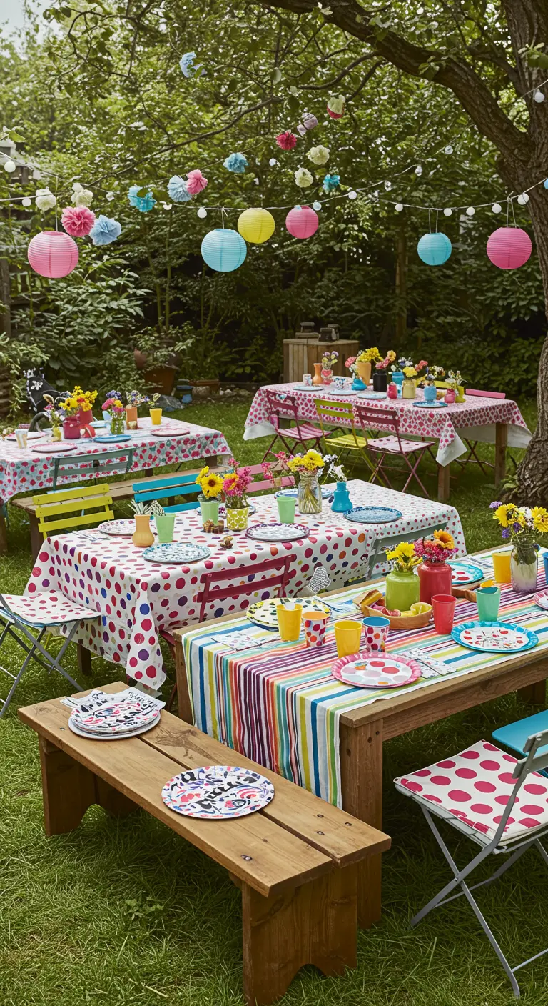 Jardin décoré avec plusieurs tables aux nappes colorées, vaisselle vive et lampions suspendus.