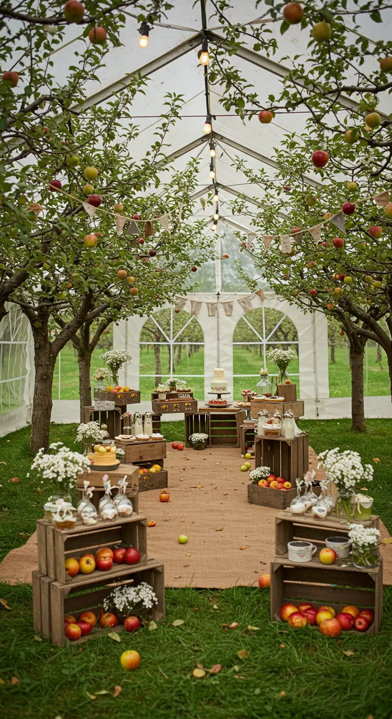 Décor de fête dans un verger avec des caisses en bois remplies de pommes.