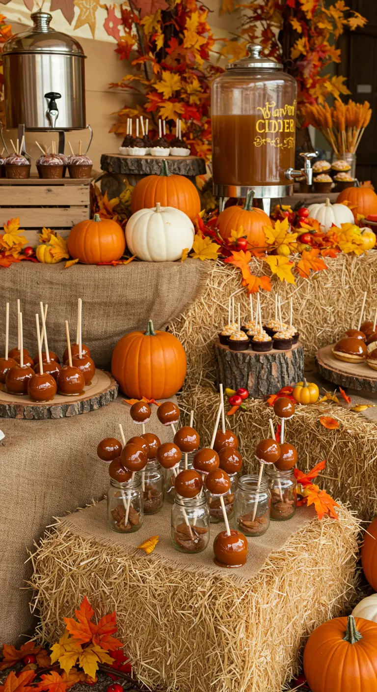 Buffet d'automne avec des bottes de paille, des citrouilles et des pommes d'amour.
