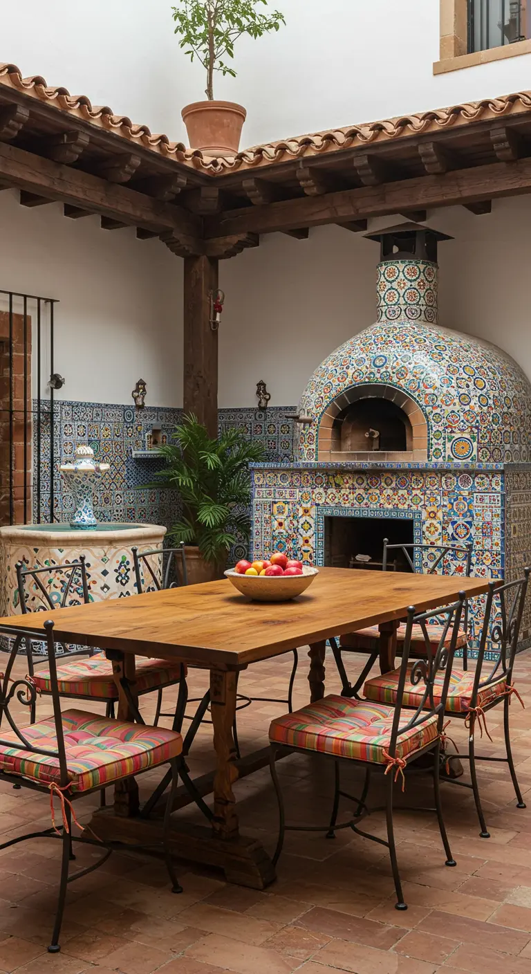 Cour intérieure de style hacienda avec four à pizza entièrement carrelé.