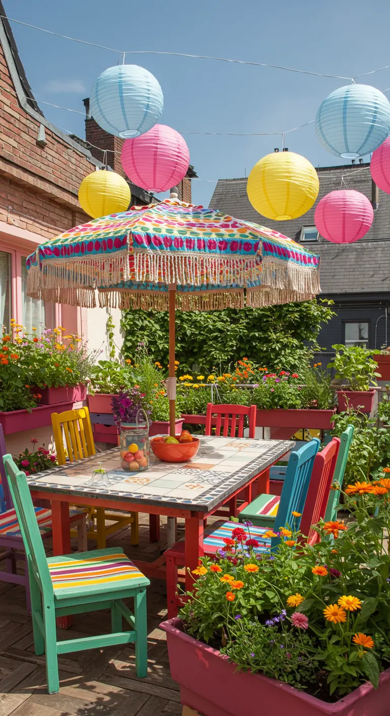 Terrasse colorée avec lampions, parasol bariolé et chaises peintes vives.