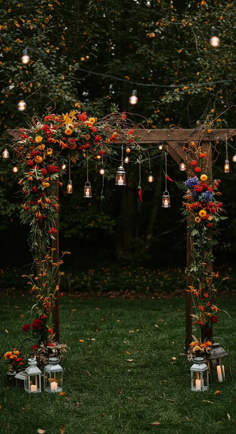 Arche en bois avec fleurs colorées, piments et petites lanternes suspendues.