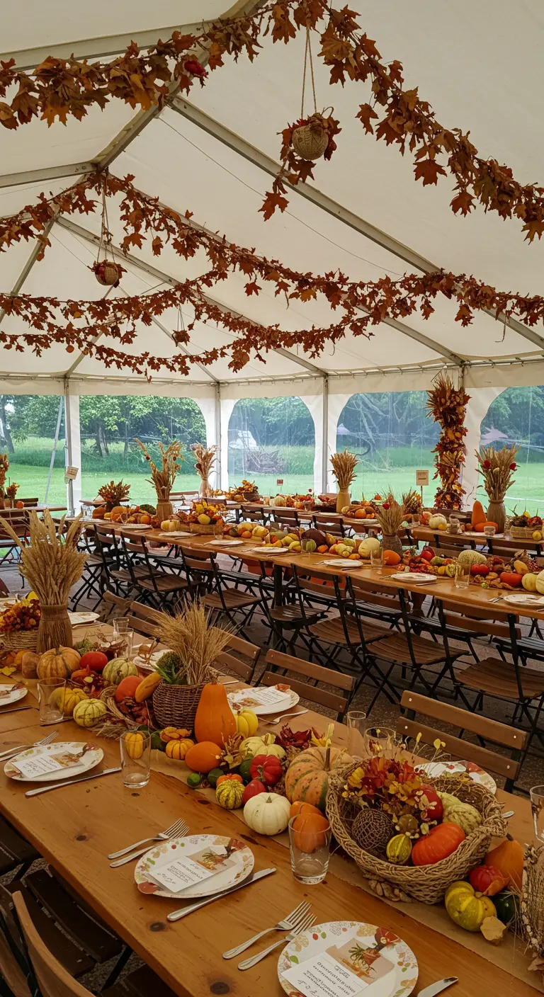 Décoration de table d'automne avec citrouilles, courges et épis de blé.