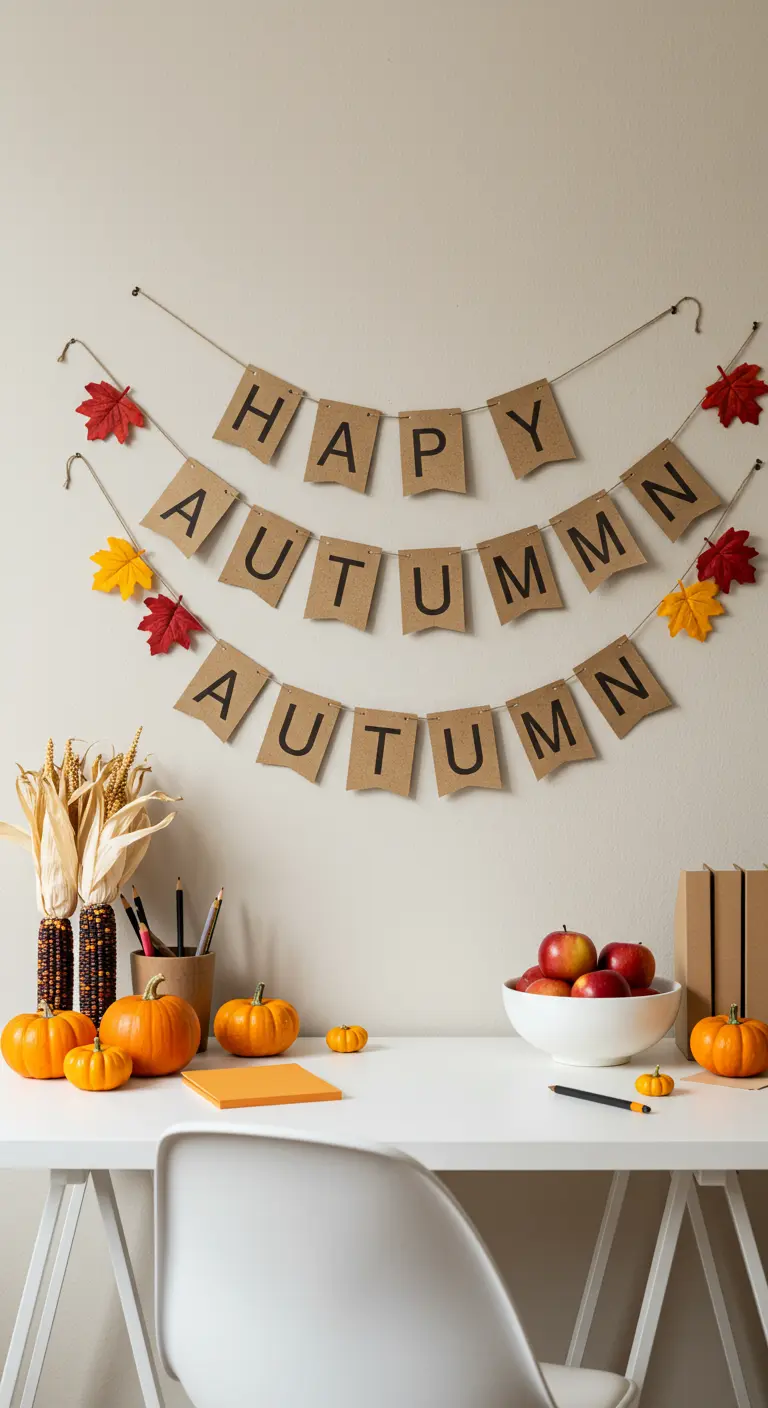 Bureau blanc avec une guirlande 'Happy Autumn' faite maison et des décorations de saison.