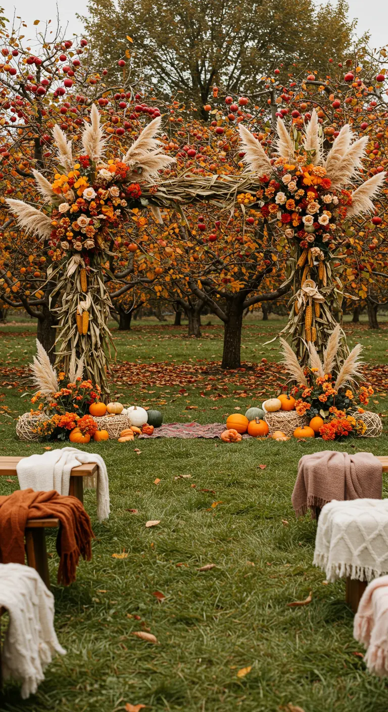 Arche de mariage automnale avec citrouilles, maïs, pampas et fleurs orange.