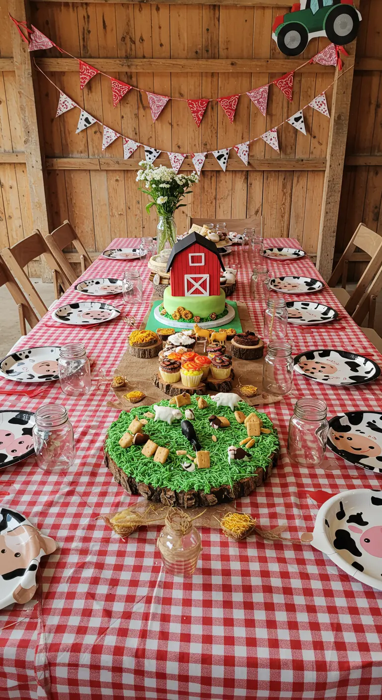 Table de ferme avec nappe à carreaux, gâteau grange et assiettes à motif vache.