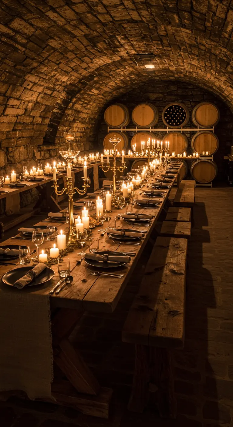 Longue table de banquet dans une cave à vin voûtée, éclairée par des bougies.