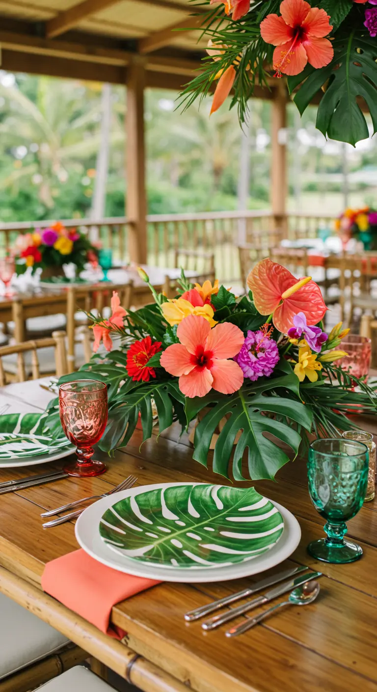 Table de mariage tropicale avec des feuilles de Monstera, des fleurs d'hibiscus et des verres colorés.