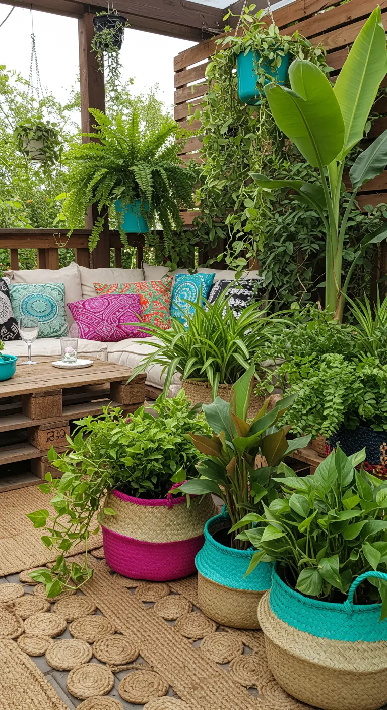 Terrasse avec canapé en palettes, coussins colorés, et paniers tressés rose et turquoise garnis de plantes vertes.