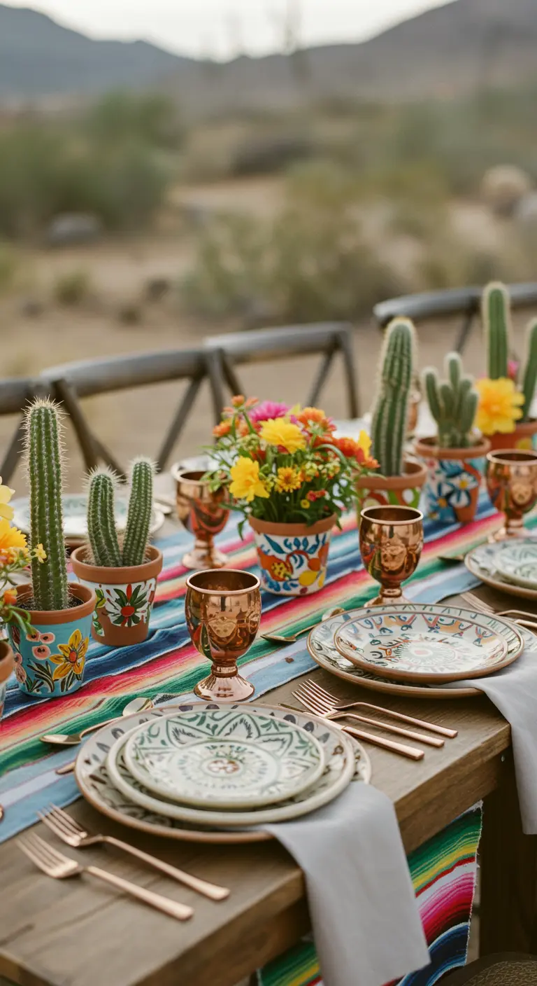 Table de mariage d'inspiration mexicaine avec un chemin de table coloré et des cactus.