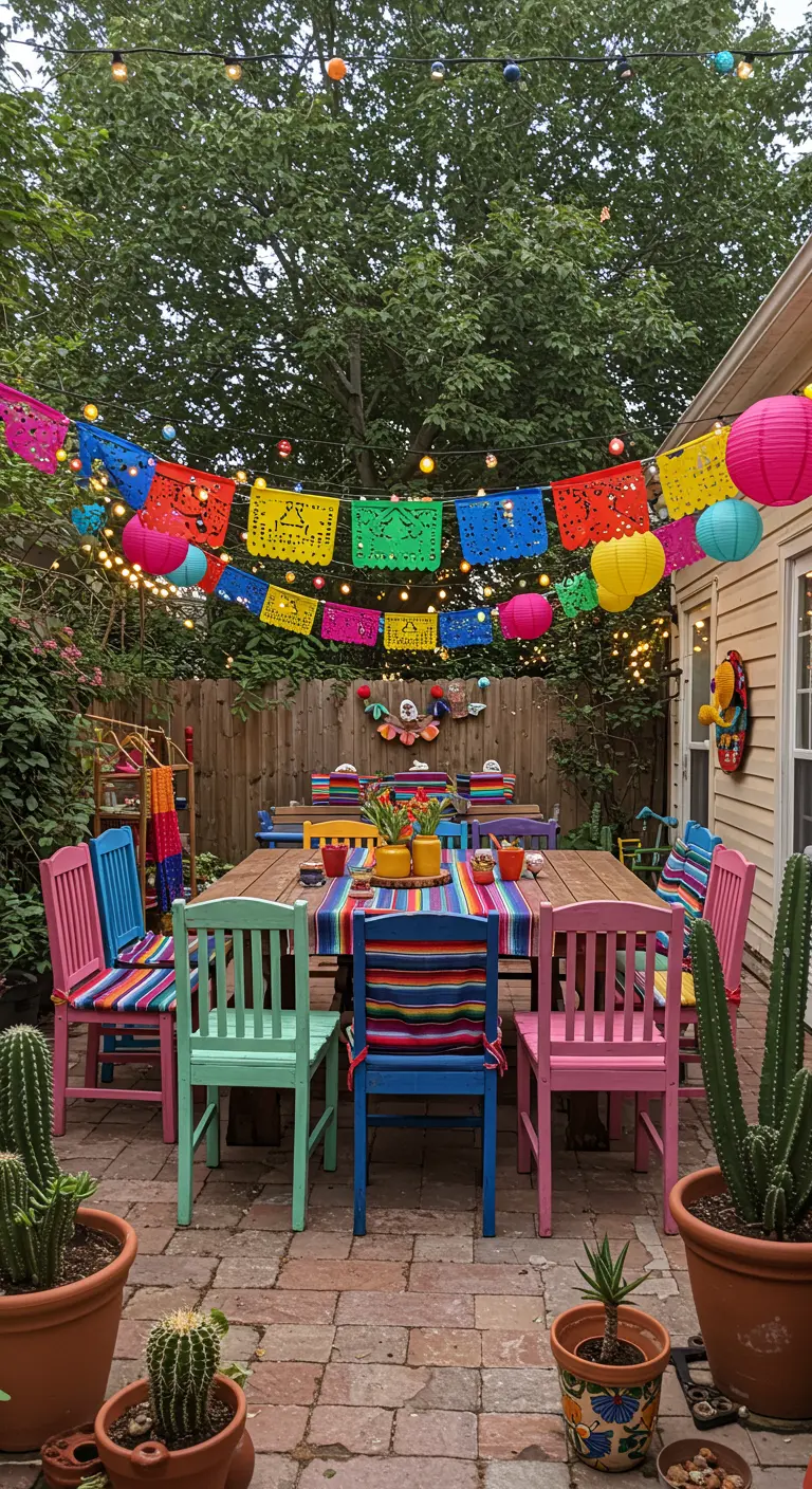 Jardin décoré pour une fiesta avec banderoles colorées, lampions, guirlandes lumineuses et chaises vives.