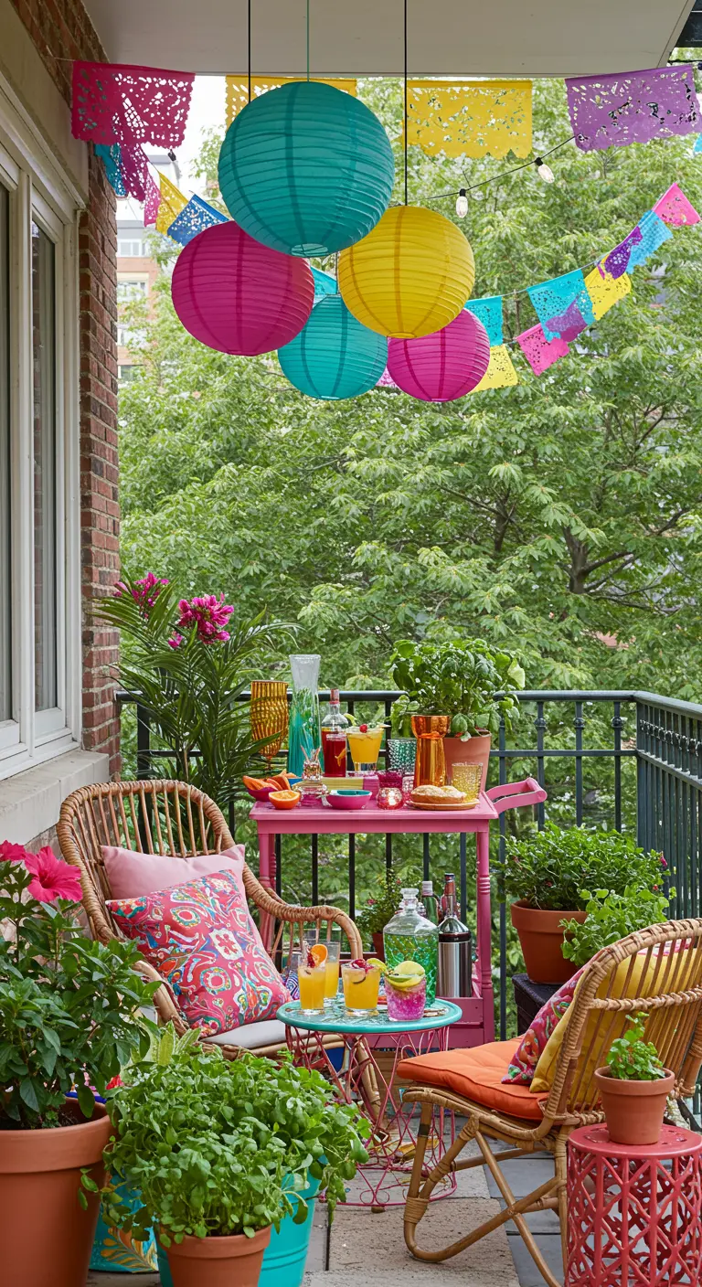 Balcon vibrant avec lampions en papier colorés, mobilier rose et nombreuses plantes vertes.