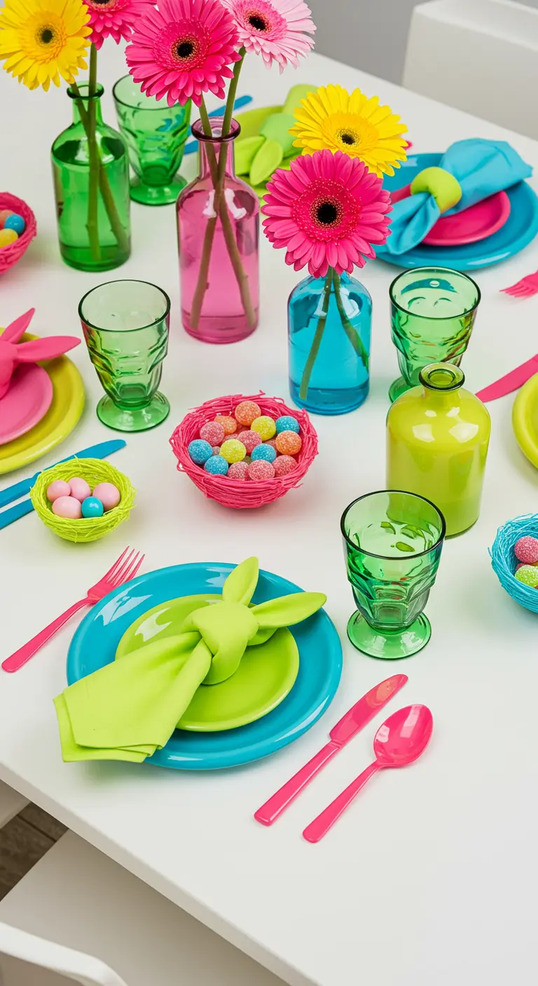 Table de Pâques très colorée avec des tons vifs et des gerberas.