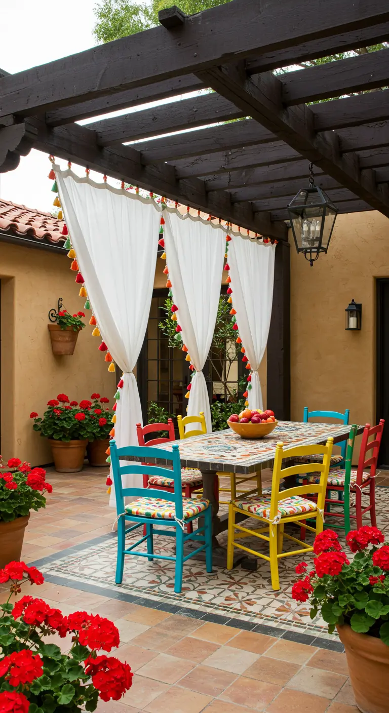 Patio coloré de style mexicain avec des rideaux à pompons