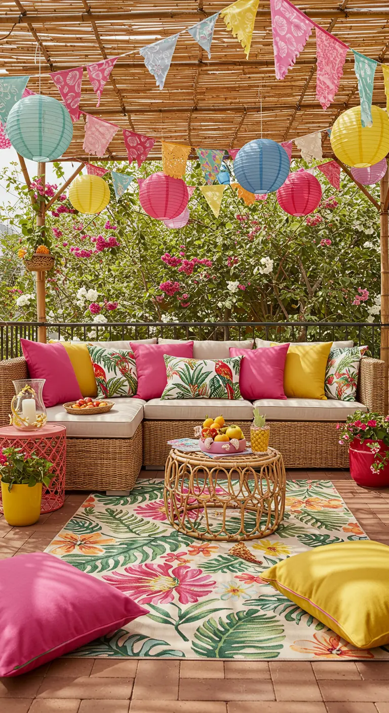 Canapé en rotin avec coussins et lampions colorés sur une terrasse festive.