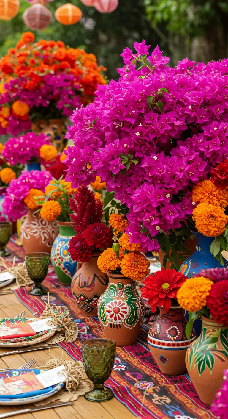 Table très colorée avec une multitude de vases en poterie mexicaine remplis de fleurs fuchsia et orange.