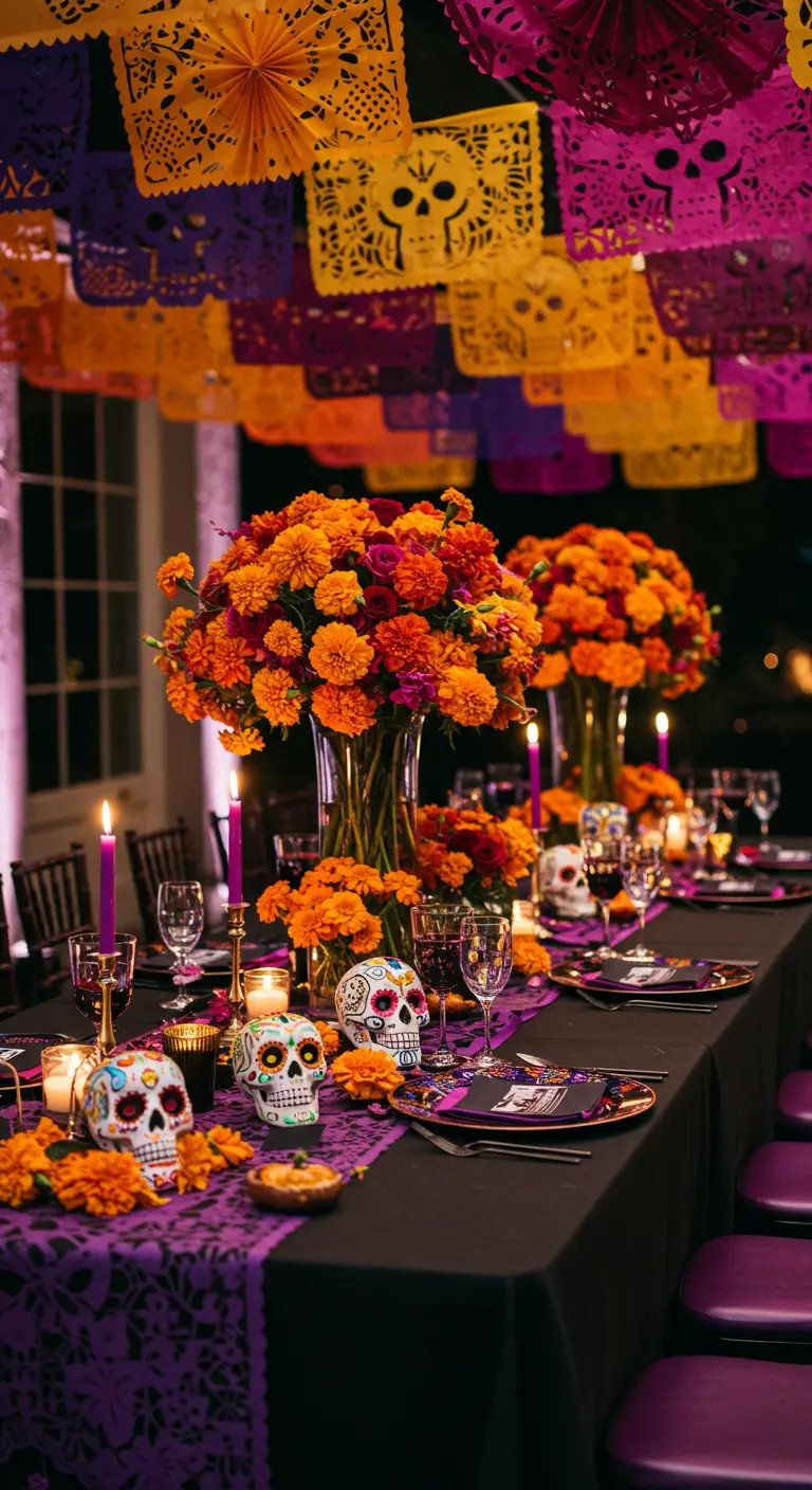 Table de fête colorée pour le Jour des Morts avec des crânes en sucre et des fleurs.