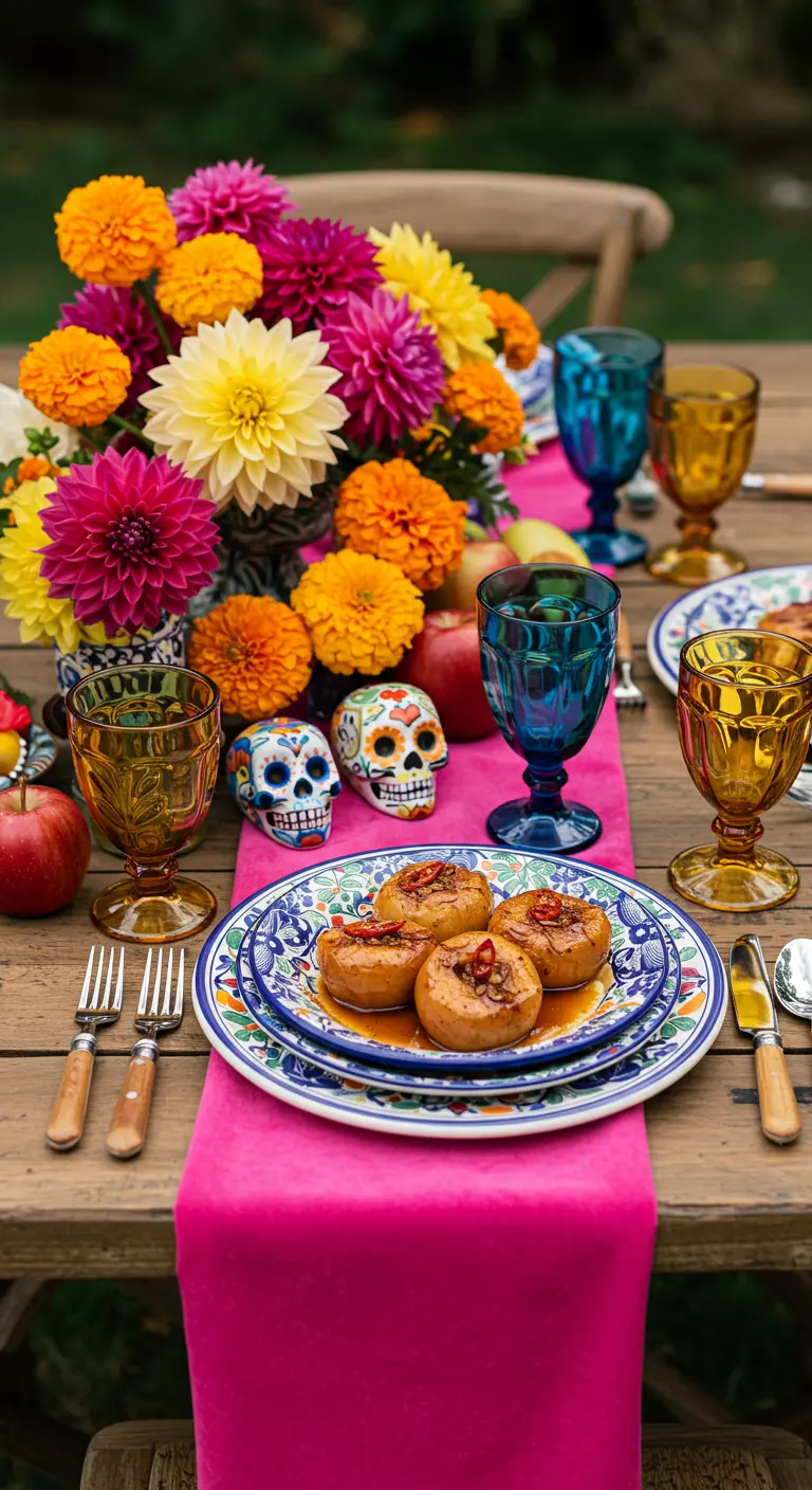 Table festive inspirée du Día de los Muertos avec des fleurs colorées.
