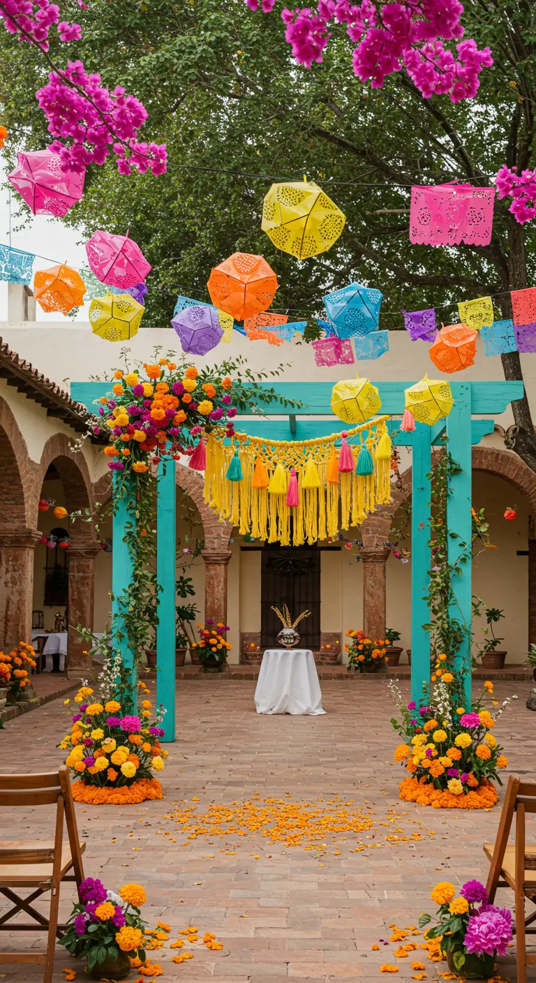 Arche turquoise dans une cour avec des fleurs orange et des décorations mexicaines.