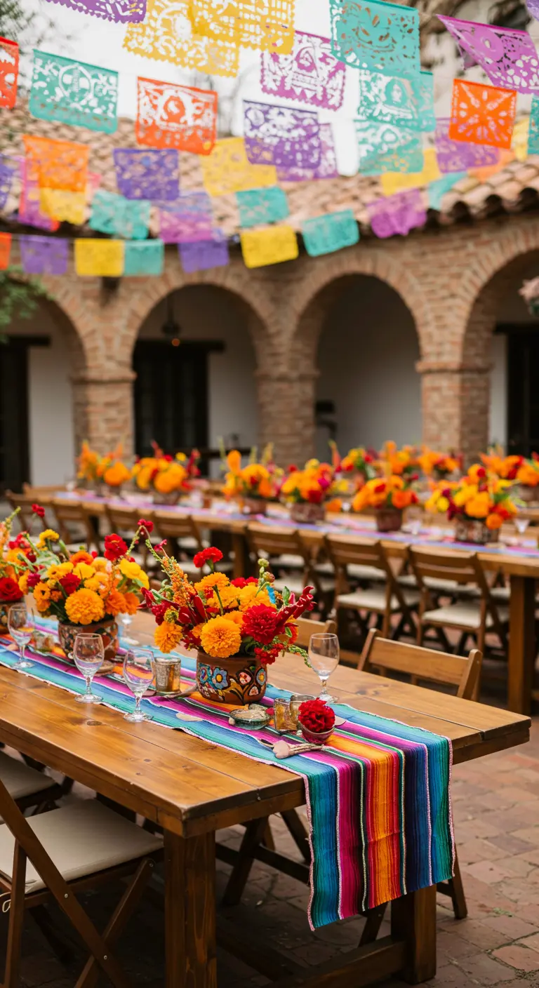 Table de fête mexicaine avec chemin de table coloré, fleurs vives et papel picado.