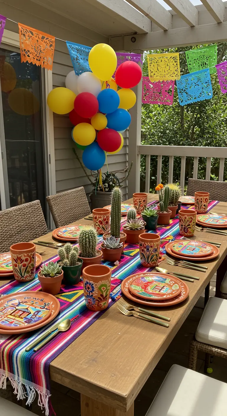 Table de fête mexicaine avec chemin de table coloré, cactus et guirlandes de papier.