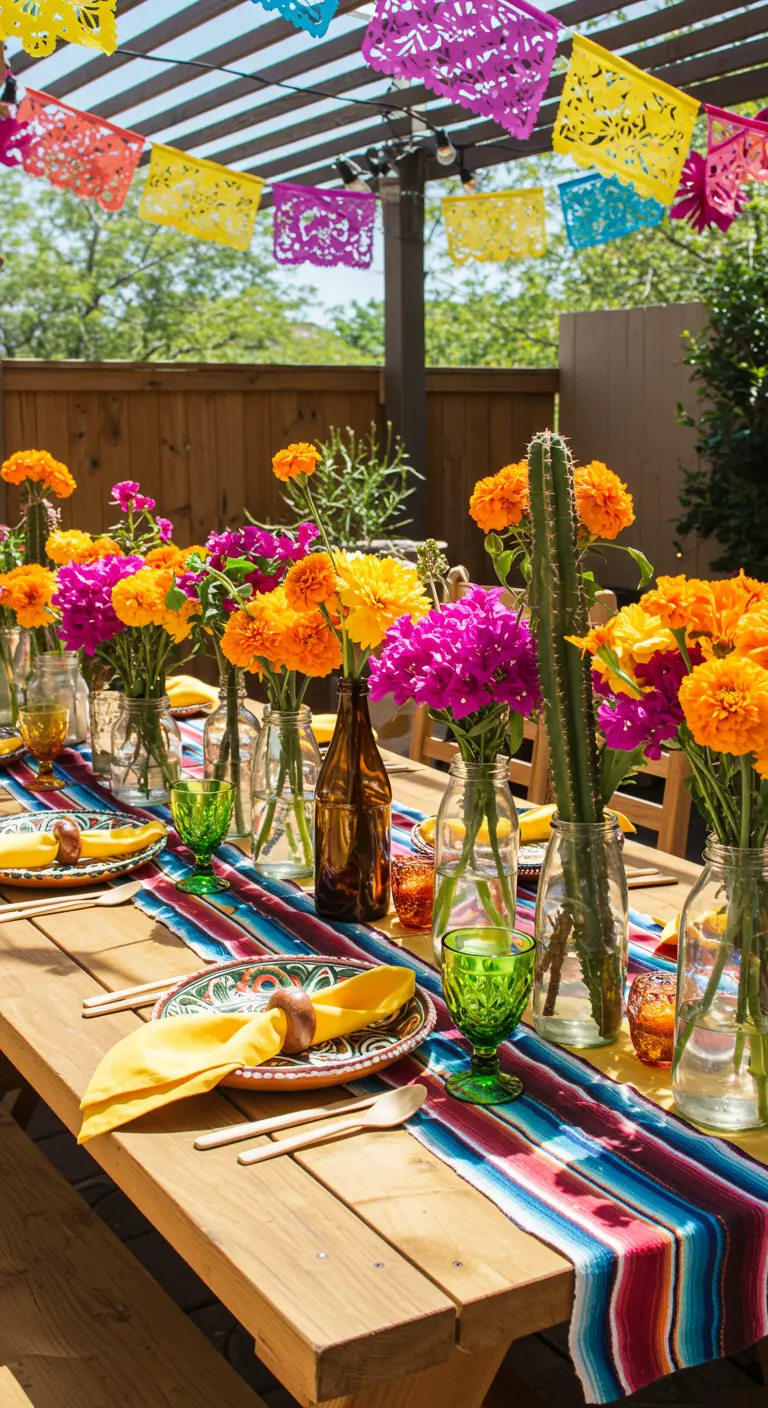 Table de fête mexicaine en plein air avec fleurs colorées, cactus et chemin de table rayé.