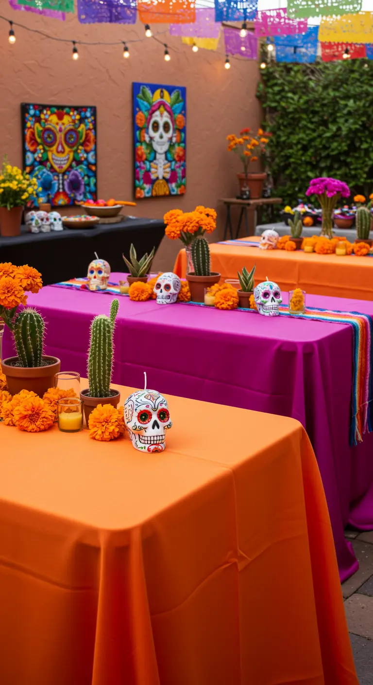 Fête mexicaine en extérieur avec tables colorées, calaveras, cactus et fleurs de souci.
