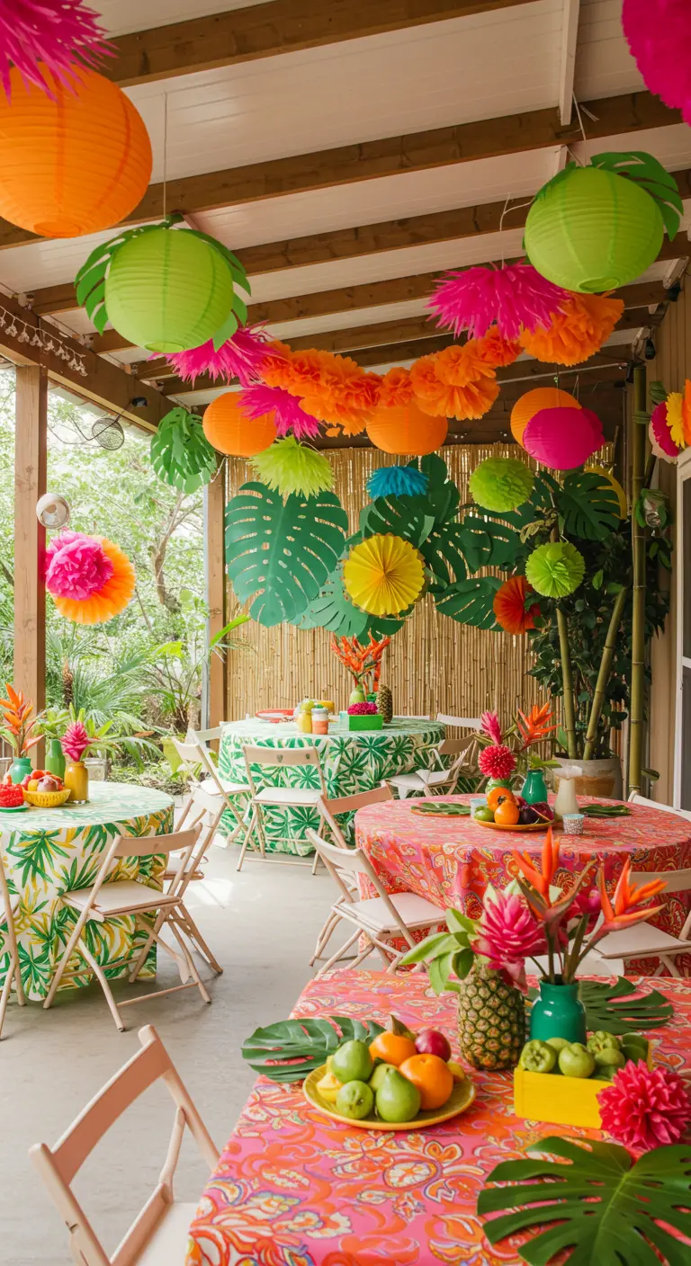 Décoration de fête tropicale avec lampions colorés, feuilles en papier géantes et fruits exotiques sur les tables.
