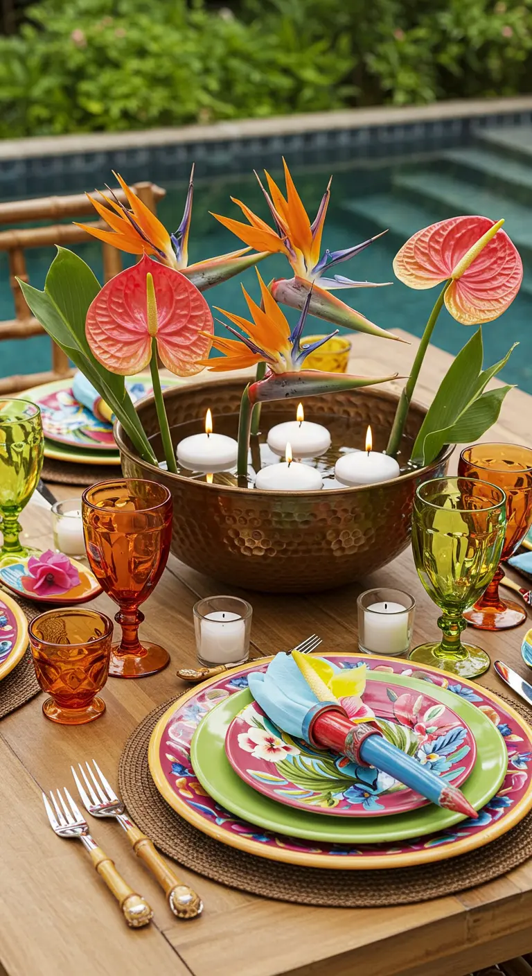 Centre de table tropical avec fleurs exotiques et bougies dans un bol en cuivre.