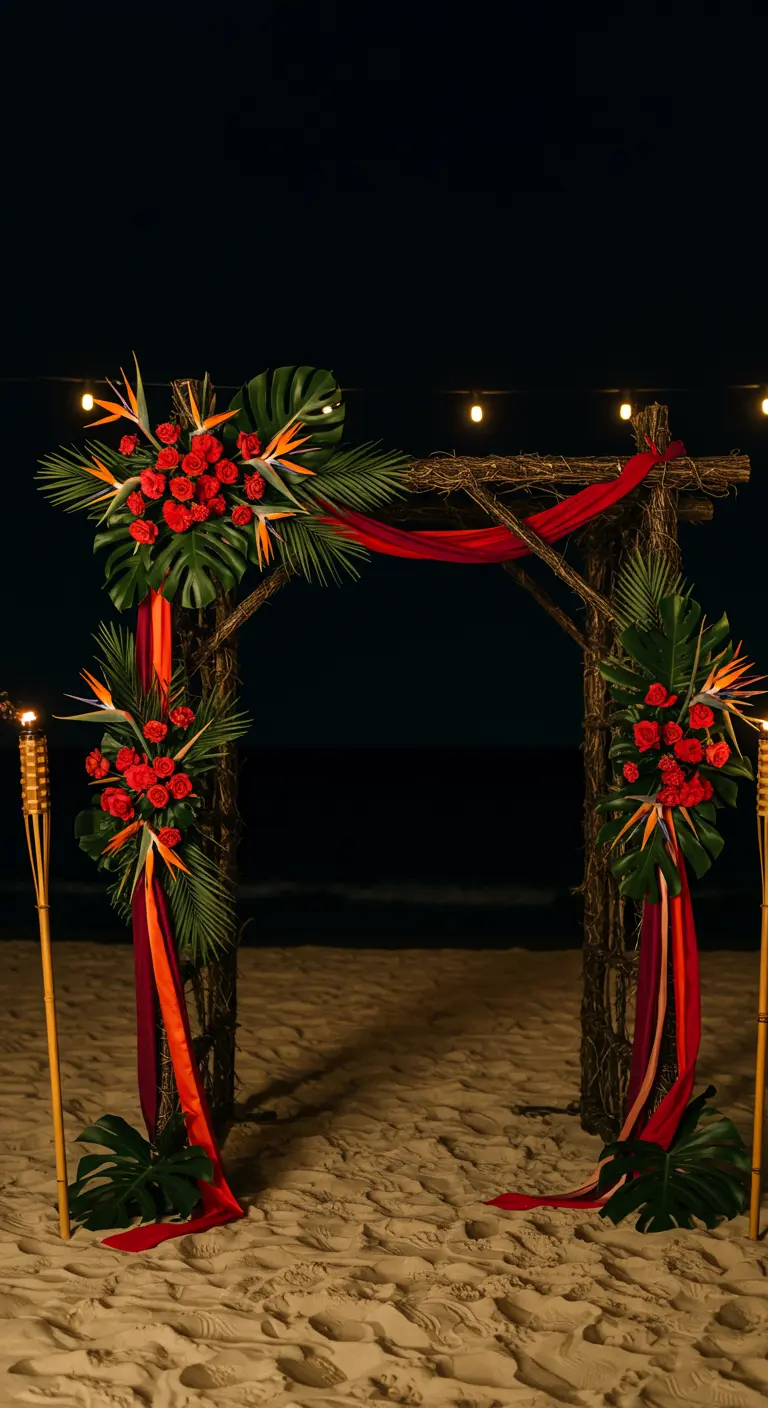Arche en bois rustique, roses rouges, oiseaux de paradis, monstera, rubans rouges/oranges, torches tiki.