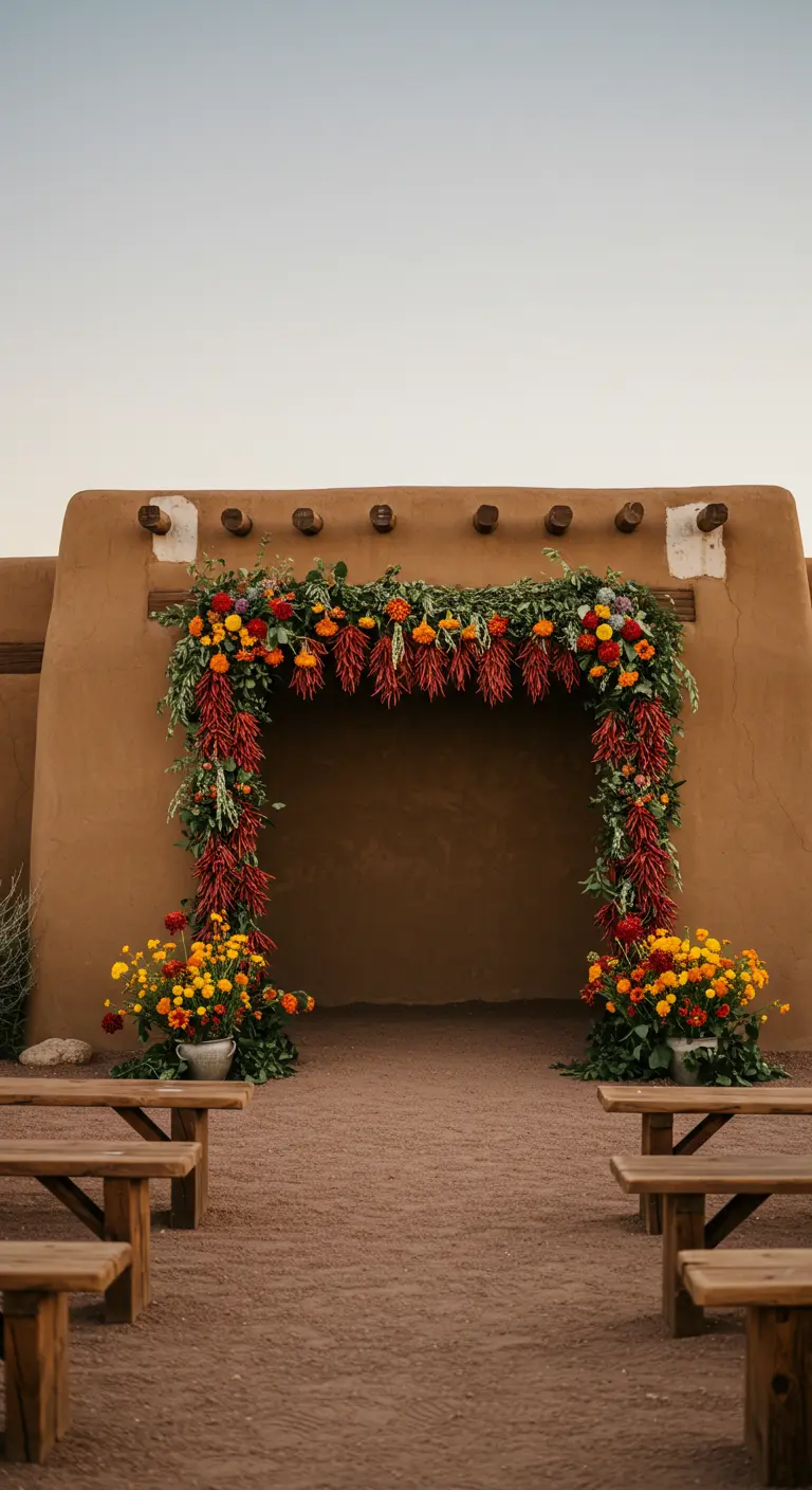 Arche de fleurs orange et de piments rouges devant un bâtiment en pisé.