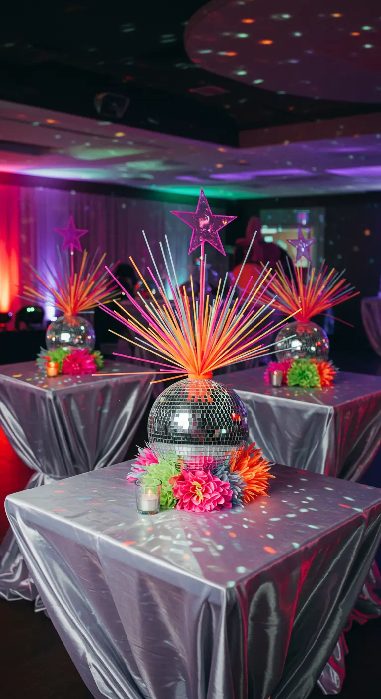 Fête disco avec tables à sequins argentés, boules disco, bâtons lumineux néon et éclairage coloré.