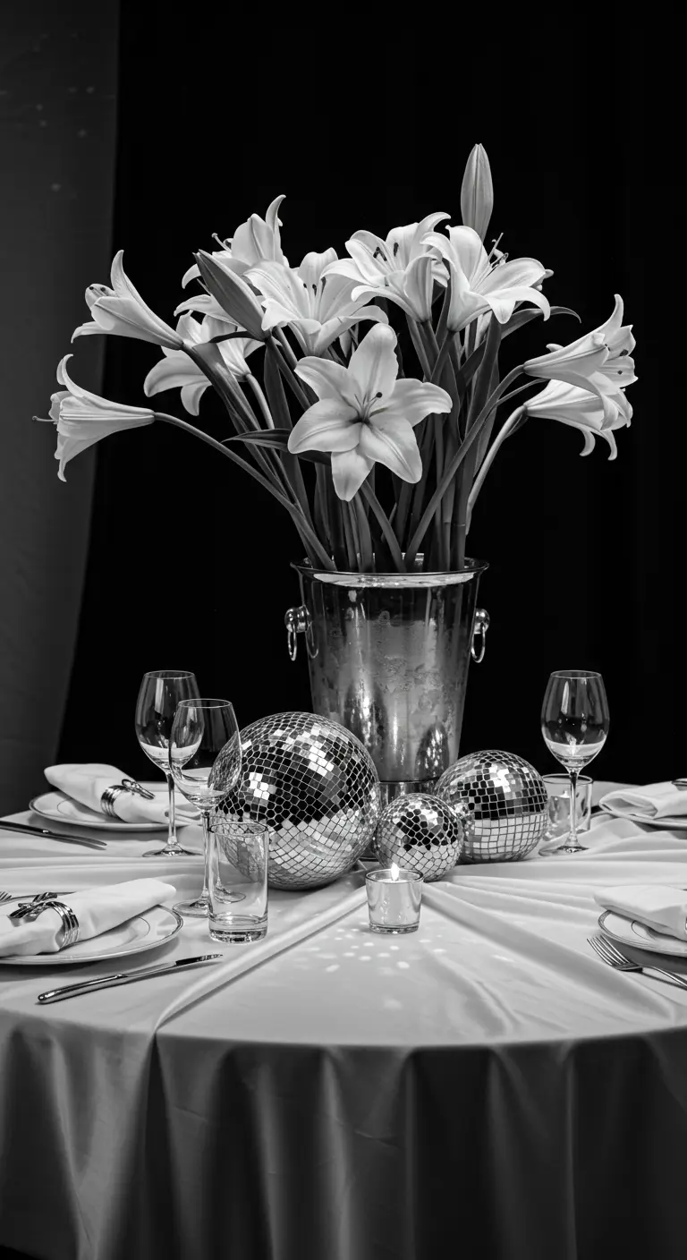 Table de fête en noir et blanc avec lys dans un seau à champagne et boules à facettes.
