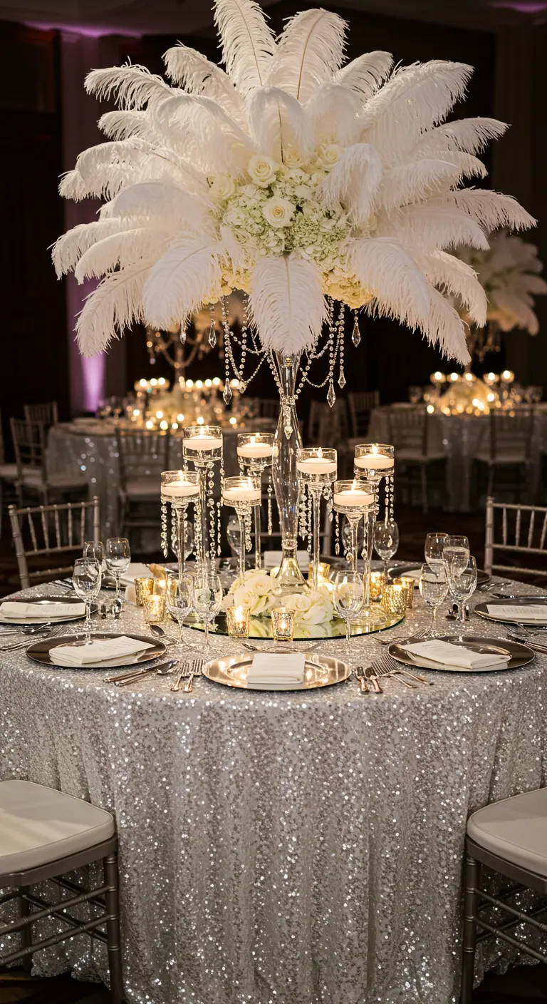 Table de fête glamour avec nappe à paillettes argentées et centre de table en plumes.