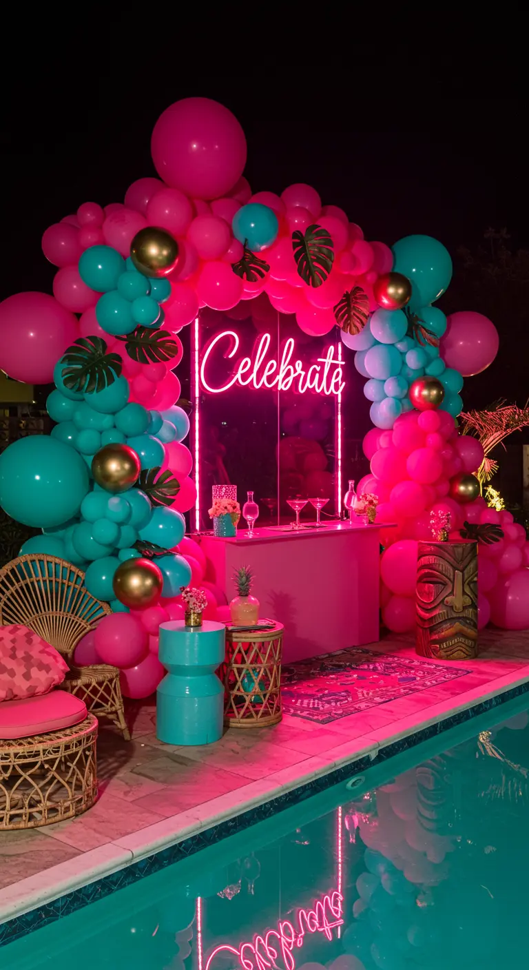 Arche de ballons rose et turquoise avec un néon « Celebrate » au bord d'une piscine.