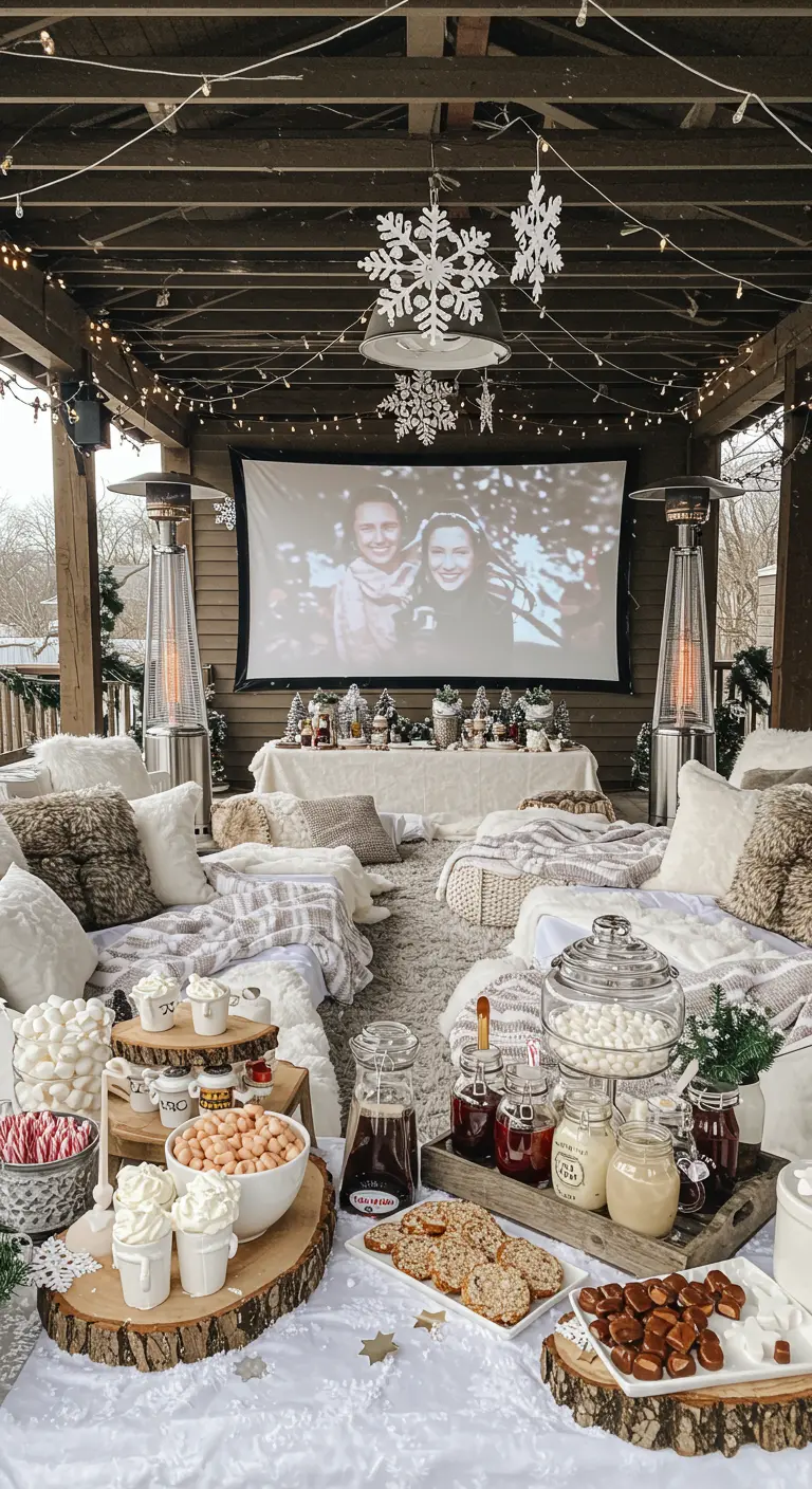 Cinéma d'hiver en plein air avec des plaids, des chauffages et un bar à chocolat chaud.