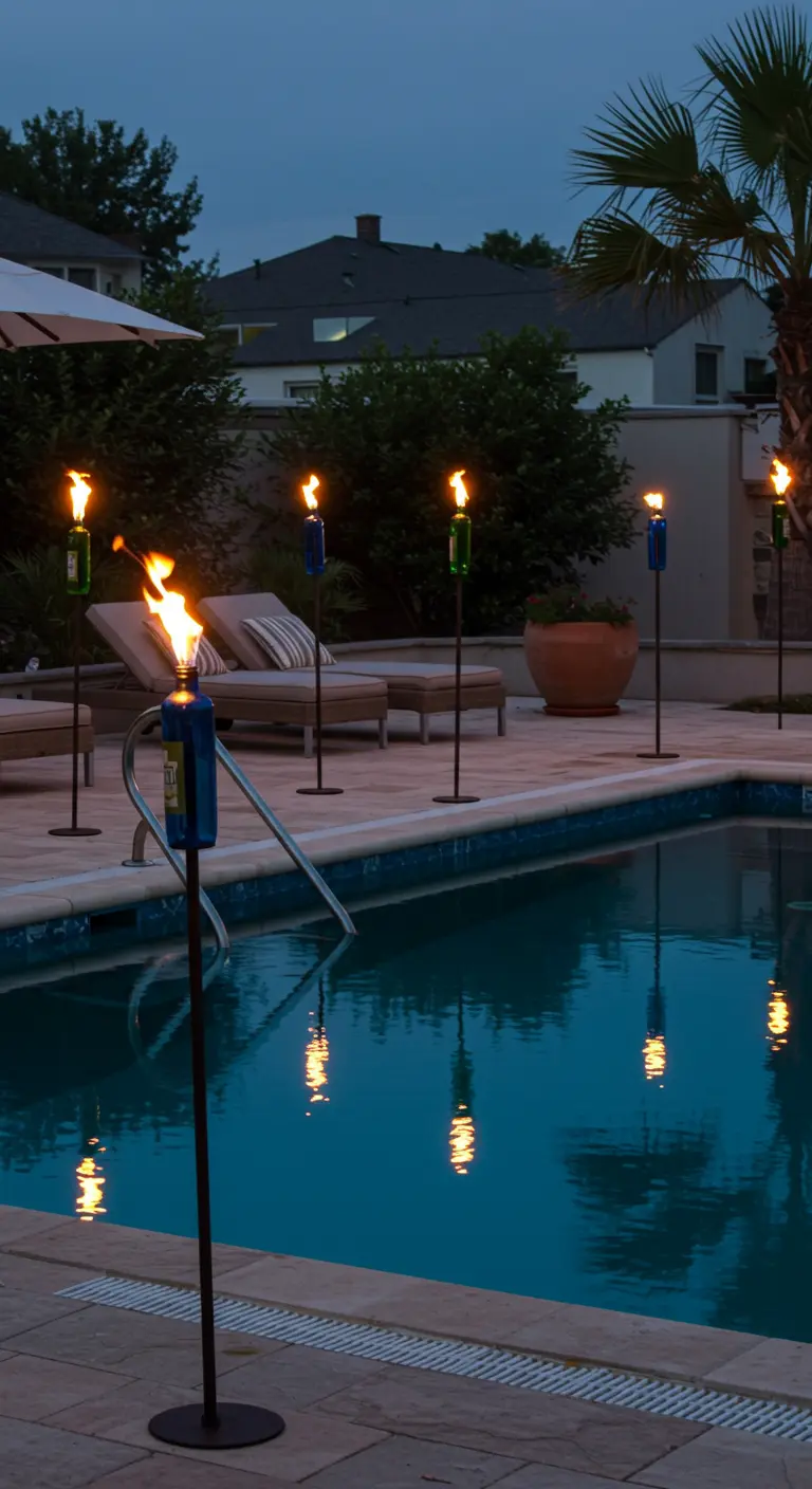 Torches de jardin faites avec des bouteilles en verre coloré autour d'une piscine au crépuscule.
