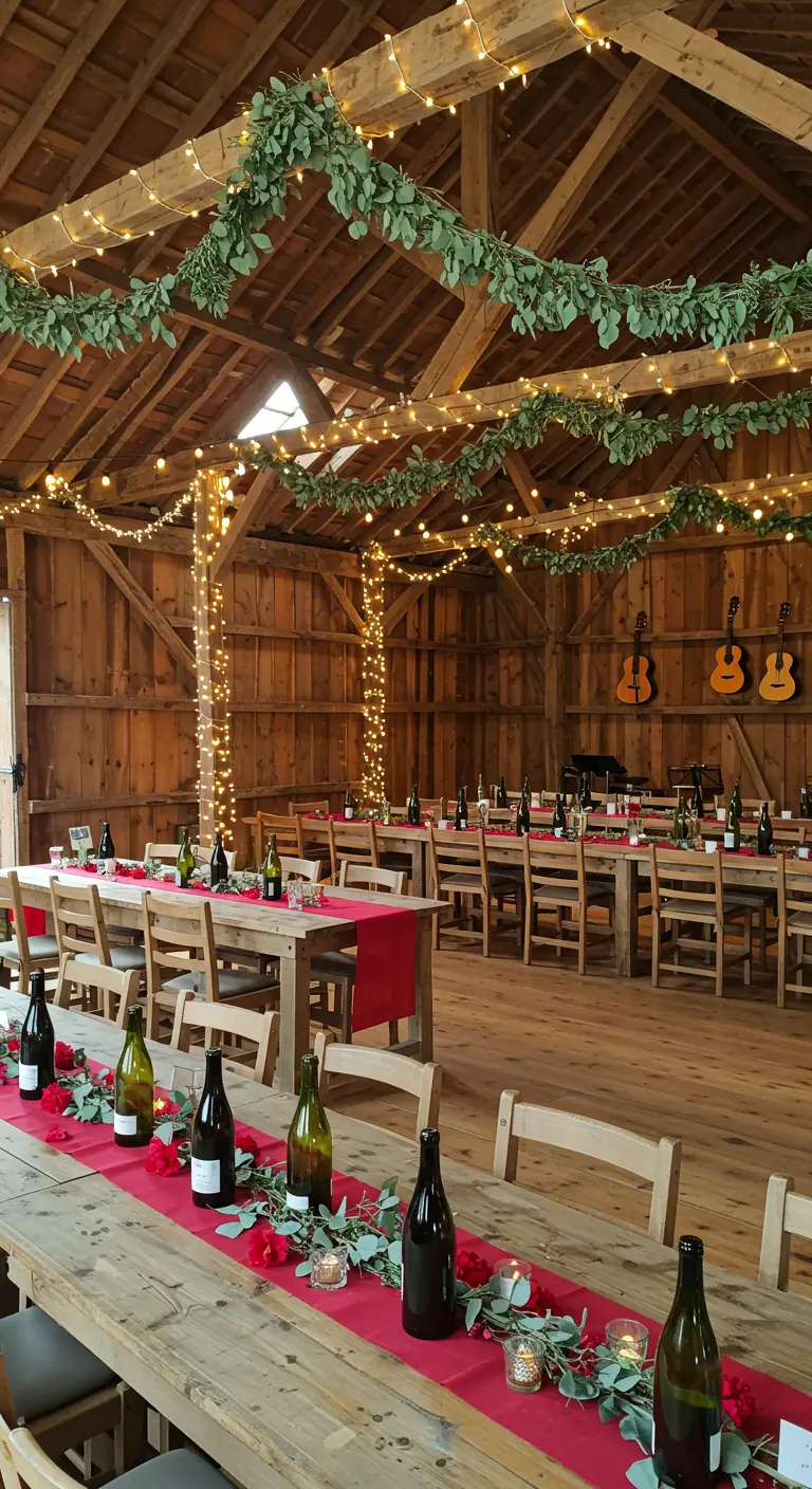 Intérieur d'une grange avec de longues tables en bois et des chemins de table rouges.