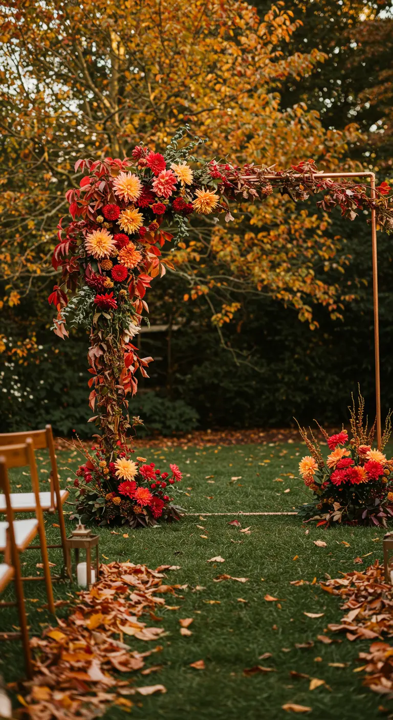 Arche de mariage asymétrique avec des fleurs et des feuilles aux couleurs de l'automne.