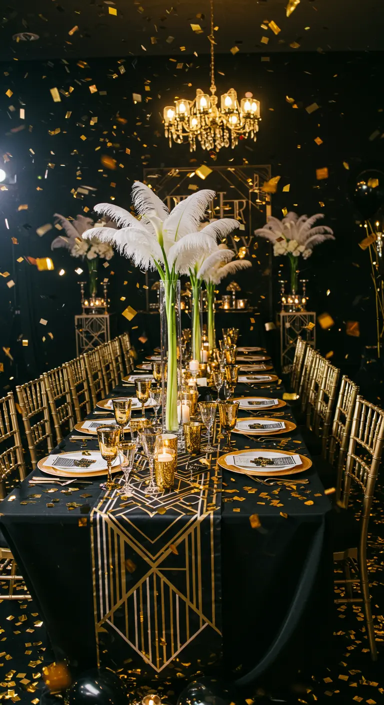Dîner à thème Gatsby avec plumes blanches, nappe noire et motifs Art Déco dorés.
