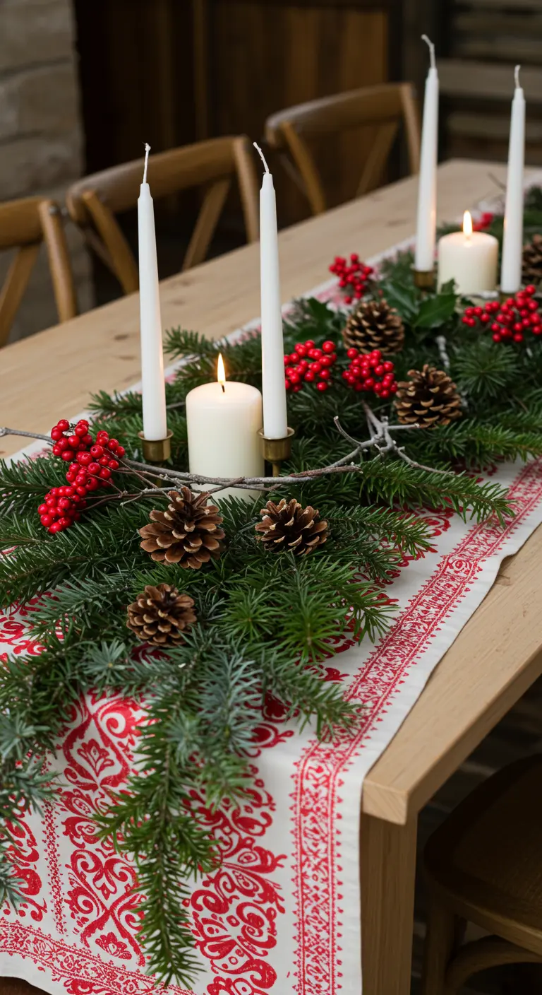 Chemin de table à motifs rouges et blancs avec guirlande de sapin et bougies blanches.