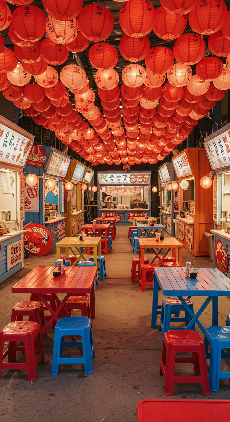 Food court asiatique coloré avec stands, tables et chaises vives, sous un plafond de lampions rouges.