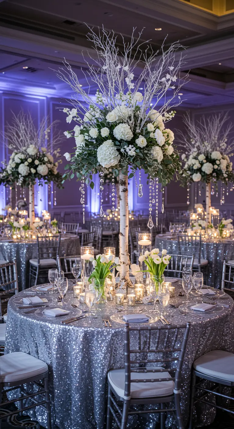 Centre de table hivernal avec branches de bouleau, fleurs blanches et nappe à sequins argentés.