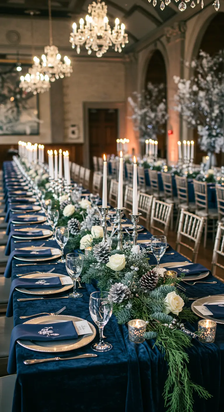 Table de mariage d'hiver avec nappe en velours bleu, chemin de table en sapin et bougies.