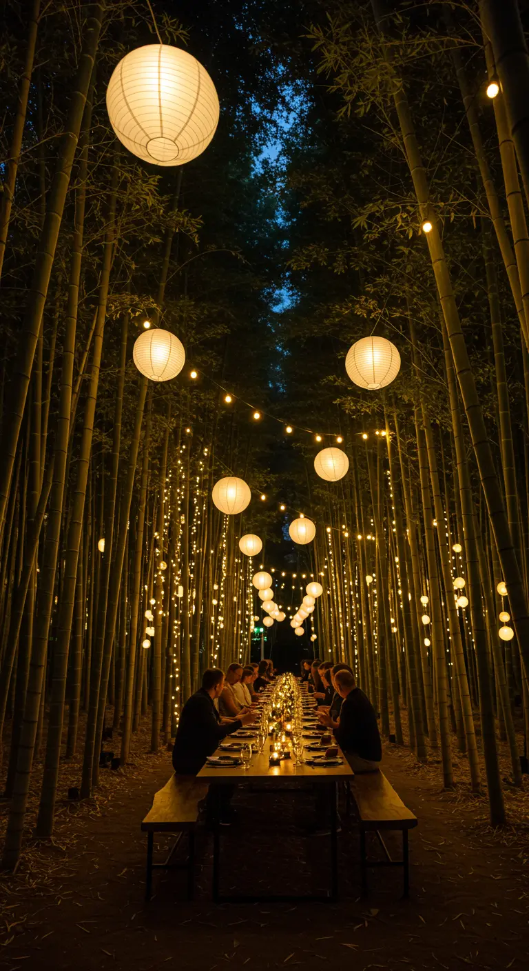 Longue table de dîner dressée dans une forêt de bambous illuminée par des lampions.