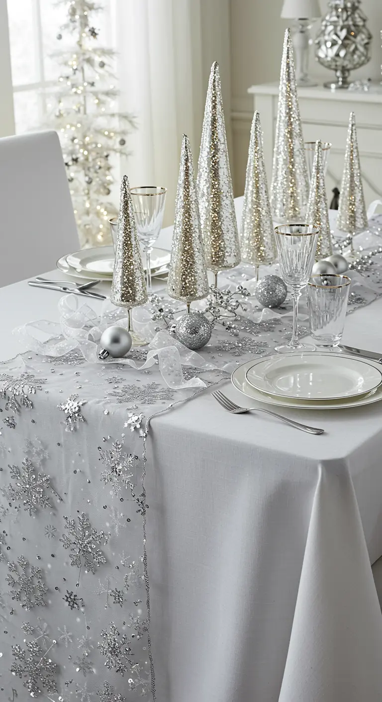 Table de fête blanche et argentée avec une forêt de sapins miniatures pailletés.