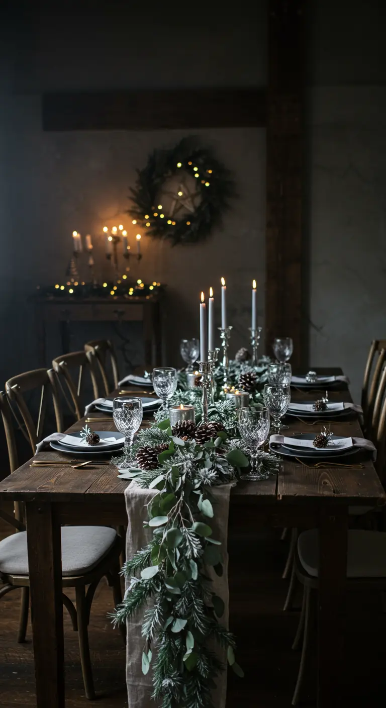 Table de réveillon rustique avec guirlande de sapin et bougies.