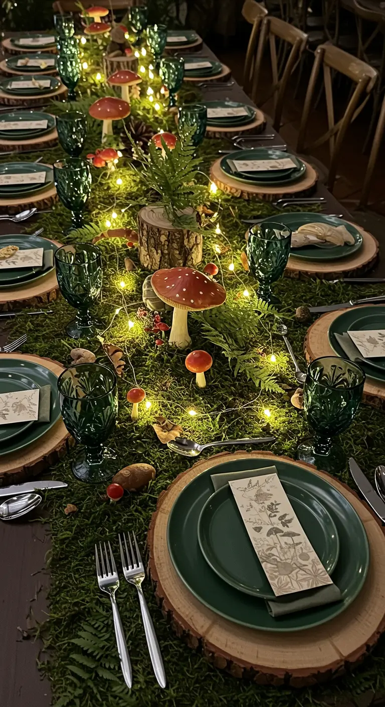Table décorée comme une forêt avec de la mousse, des champignons et une guirlande lumineuse.