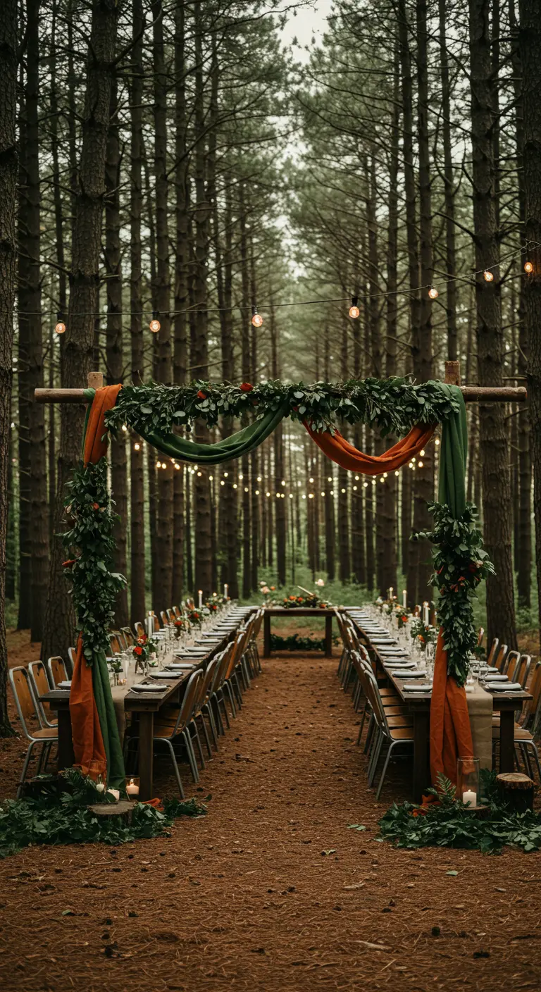Arche de mariage en forêt avec tissus verts et oranges, feuillages luxuriants et guirlandes lumineuses.