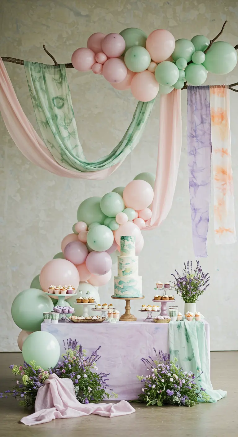 Buffet de fête avec des ballons et des tissus dans des tons pastel de vert, rose et lavande.